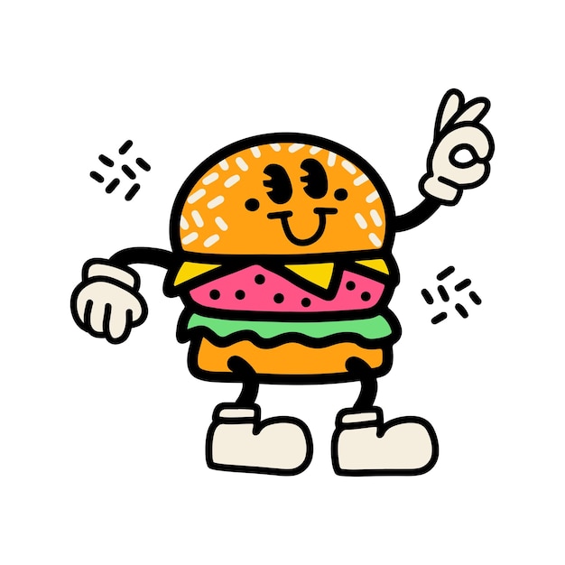Dibujado a mano diseño retro hamburguesa de moda elemento de personaje de dibujos animados doodle lineal ilustración vectorial es
