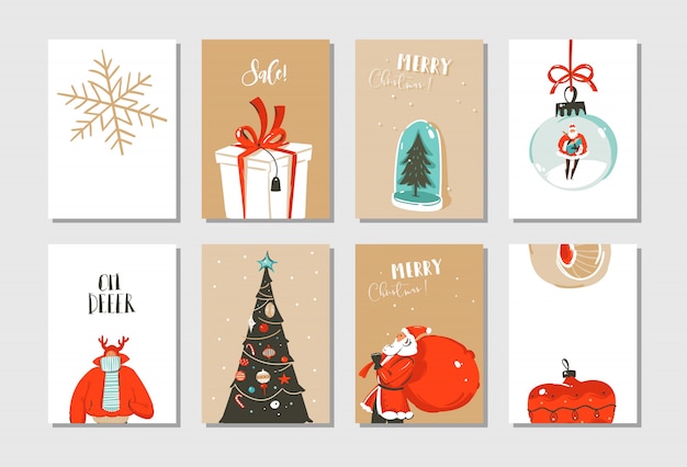 Dibujado a mano diversión abstracta feliz navidad tiempo colección de tarjetas de dibujos animados con lindas ilustraciones aisladas en blanco