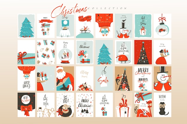 Dibujado a mano diversión abstracta feliz navidad tiempo dibujos animados ilustraciones tarjetas de felicitación plantilla y fondos gran colección con cajas de regalo, personas y árbol de navidad aislado sobre fondo blanco