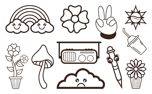 Dibujado a mano doodle 90's Elemento retro Conjunto de colección de imágenes prediseñadas