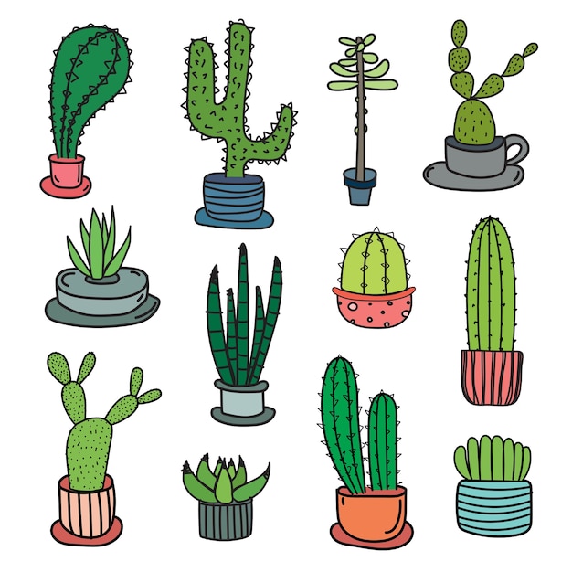 Dibujado a mano doodle cactus vector set