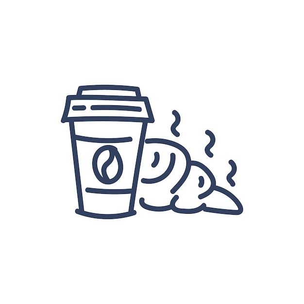 Dibujado a mano doodle café taza croissant pan icono dibujo cafe restaurante línea simple logo vector ilustración