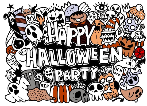 Dibujado a mano Doodle colección de dibujos animados conjunto de icono divertido sobre el día de Halloween