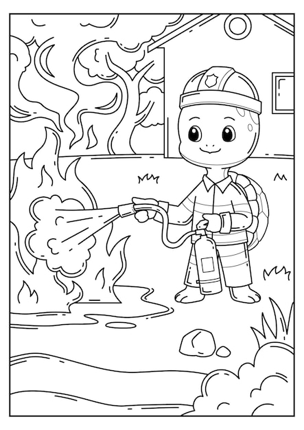 Vector dibujado a mano doodle coloring book cute turtle conviértete en bombero y apaga el fuego