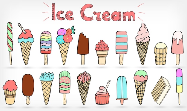 Dibujado a mano doodle conjunto de helados. 20 tipos de ilustración de dulces de verano en diferentes tipos y formas aisladas sobre fondo blanco. Colección de vectores coloridos para tarjetas de felicitación, invitación