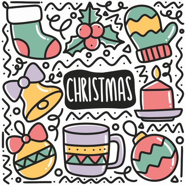 Dibujado a mano doodle de día de navidad con iconos y elementos de diseño