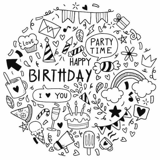 dibujado a mano doodle feliz cumpleaños adornos fiesta