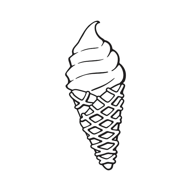 Dibujado a mano doodle de helado en el cono de galleta dibujo de dibujos animados ilustración vectorial