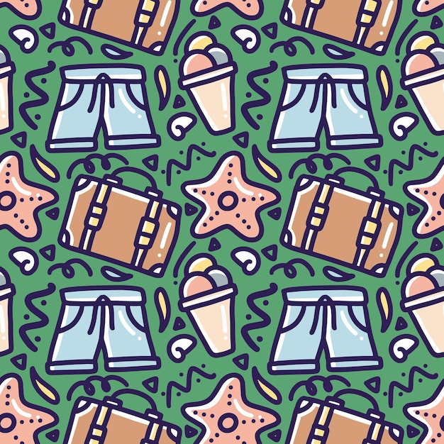 Dibujado a mano doodle patrón vacaciones verano en la playa con iconos y elementos de diseño