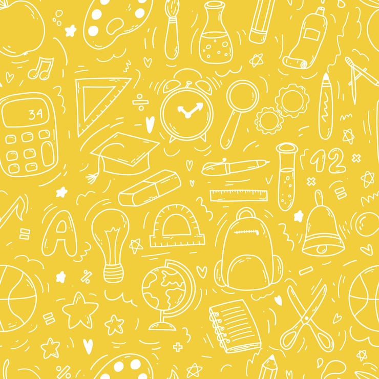 Vector dibujado a mano doodle de patrones sin fisuras con iconos escolares sobre fondo naranja ilustración vectorial de suministros de regreso al concepto de escuela para impresión web y papelería de diseño textil