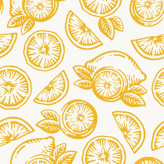 Dibujado a mano doodle vintage de frutas de limón, naranja o mandarina cosecha vector patrón de fondo sin fisuras.