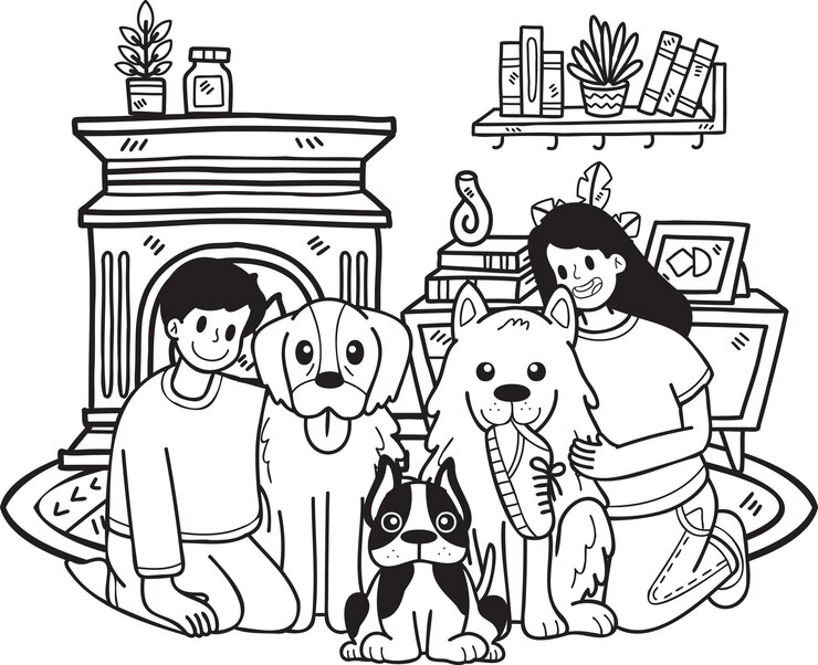 Dibujado a mano El dueño abrazó al perro en la ilustración de la habitación al estilo garabato