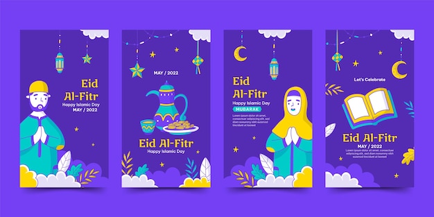 Vector dibujado a mano eid alfitr o colección de plantillas de historias del día islámico