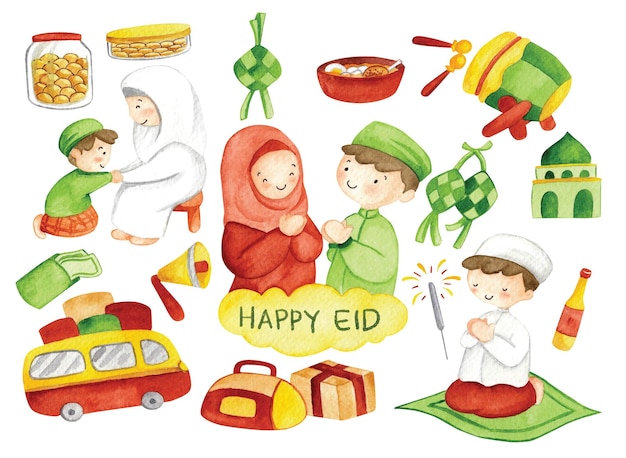 Dibujado a mano Eid Mubarak o Idul Fitri doodle clip art en acuarela ilustración