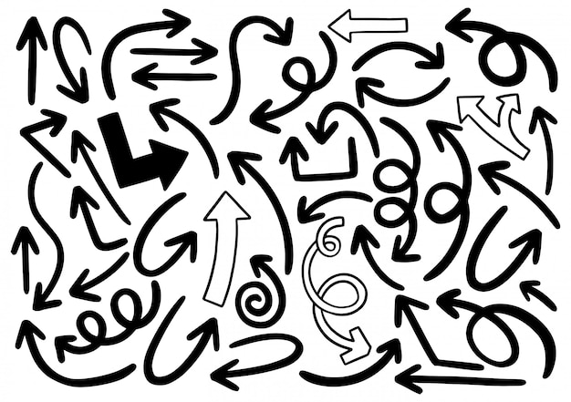 Dibujado a mano elementos de diseño del doodle. Dibujado a mano flechas, marcos, bordes, iconos y símbolos.