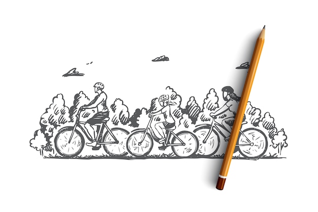 Dibujado a mano familia con niños en bicicleta boceto de concepto