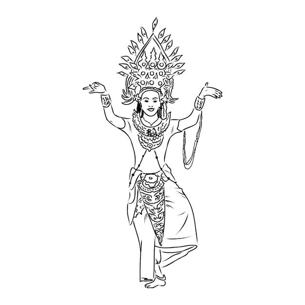 Dibujado a mano fantasma femenino de estilo de baile tradicional tailandés sobre fondo blanco para el concepto