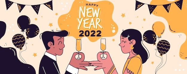 Dibujado a mano feliz año nuevo 2022 banner horizontal