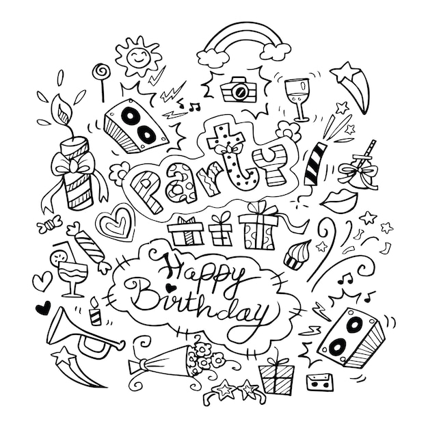 Dibujado a mano feliz cumpleaños doodles