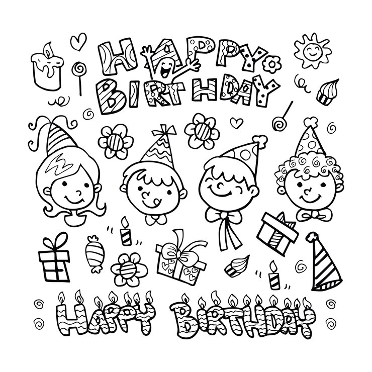 Vector dibujado a mano feliz cumpleaños doodles
