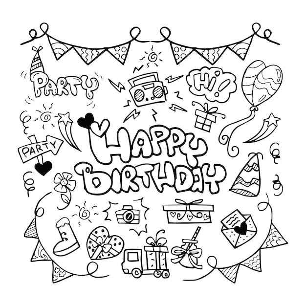 Dibujado a mano feliz cumpleaños doodles
