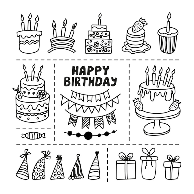 Vector dibujado a mano feliz cumpleaños juego de garabateo pastel con velas guirnaldas sombrero de fiesta y cajas de regalos