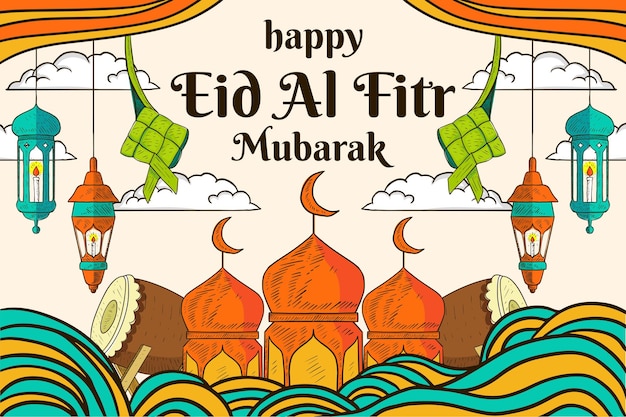 Vector dibujado a mano feliz eid al fitr mubarak ilustración de fondo