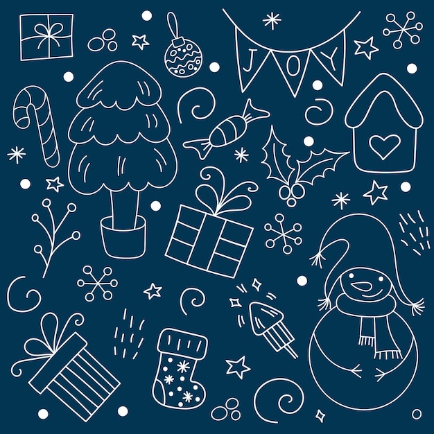 Vector dibujado a mano feliz navidad y año nuevo doodle conjunto con elementos de estrella de cajas de regalo de muñeco de nieve de árbol