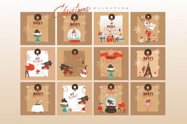 Dibujado a mano Feliz Navidad dibujos animados ilustraciones tarjetas y fondos gran conjunto de colección
