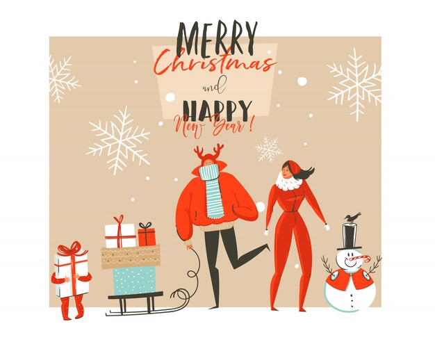 Dibujado a mano feliz Navidad y feliz año nuevo tiempo coon ilustraciones tarjeta de felicitación con grupo de personas de la familia al aire libre, muñeco de nieve y tipografía moderna sobre fondo blanco