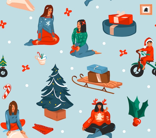 Dibujado a mano feliz Navidad y feliz año nuevo tiempo de dibujos animados festivo de patrones sin fisuras