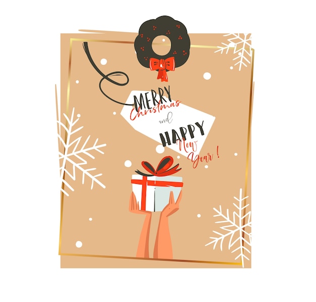 Dibujado a mano feliz navidad y feliz año nuevo tiempo ilustraciones de dibujos animados plantilla de tarjeta de felicitación con manos sosteniendo presente aislado