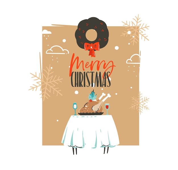 Dibujado a mano feliz Navidad y feliz año nuevo tiempo retro vintage dibujos animados ilustraciones tarjeta de felicitación con mesa de cena de Navidad, pavo y corona de muérdago aislado