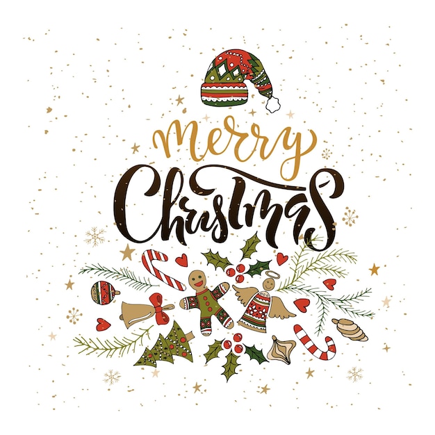 Dibujado a mano Feliz Navidad logotipo badgeicon tipografía con atributos de Navidad Rotulación