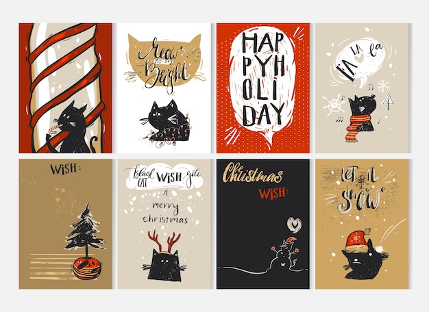 Dibujado a mano Feliz Navidad tarjeta de felicitación con personajes de gatos negros divertidos lindos en ropa de invierno, árboles de Navidad, bastón de caramelo, villancicos, muñeco de nieve, letrero y caligrafía moderna. Tarjetas de periodismo.