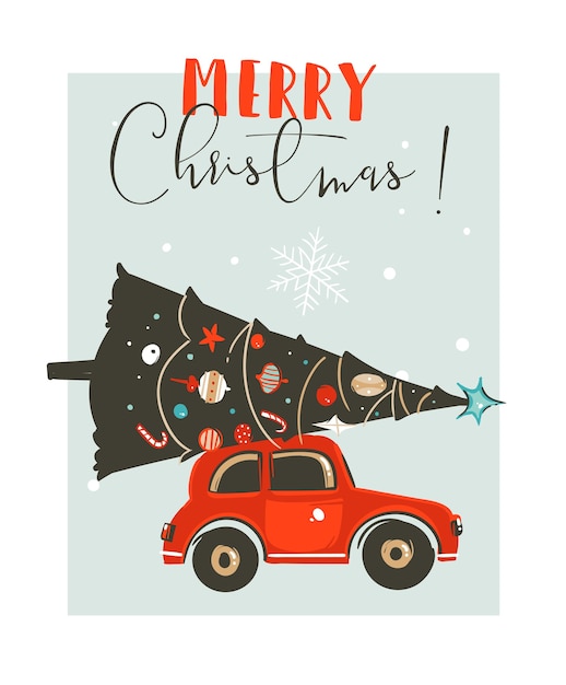 Dibujado a mano feliz Navidad tiempo plantilla de diseño de tarjeta de ilustración gráfica de dibujos animados