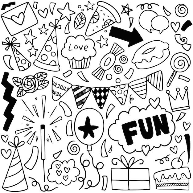 Dibujado a mano fiesta doodle feliz cumpleaños adornos patrón de fondo