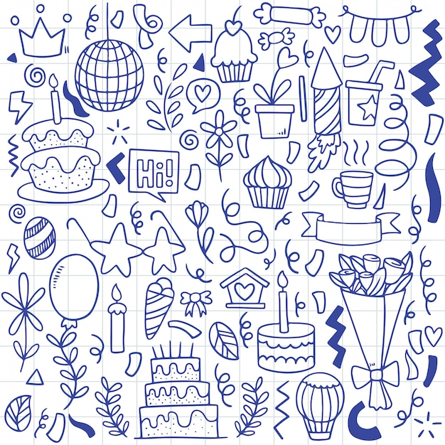 Dibujado a mano fiesta doodle feliz cumpleaños adornos