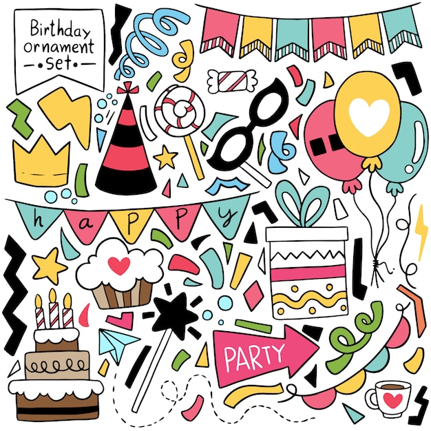 dibujado a mano fiesta doodle feliz cumpleaños elementos