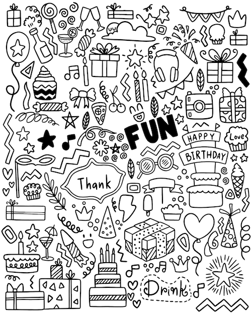 dibujado a mano fiesta doodle feliz cumpleaños