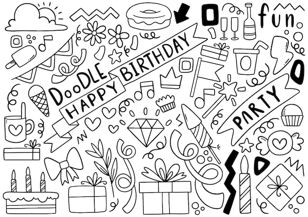 Dibujado a mano fiesta doodle feliz cumpleaños