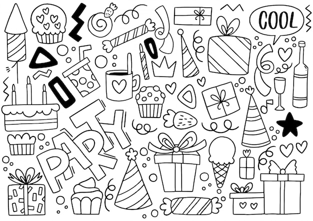 dibujado a mano fiesta doodle feliz cumpleaños