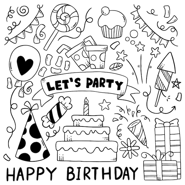 dibujado a mano fiesta doodle feliz cumpleaños