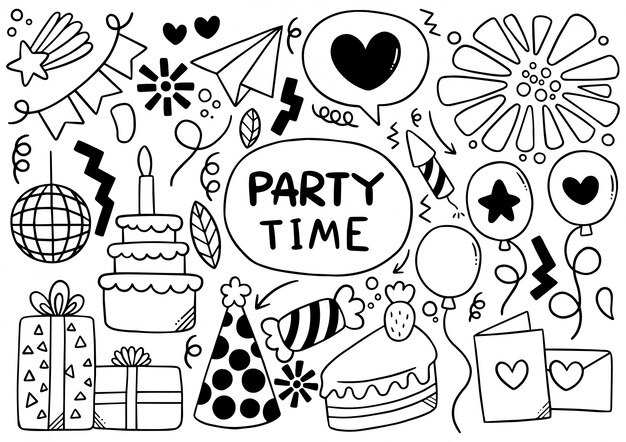 Dibujado a mano fiesta doodle feliz cumpleaños