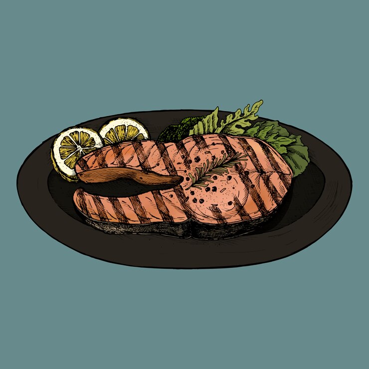 Vector dibujado a mano filete de pescado a la parrilla