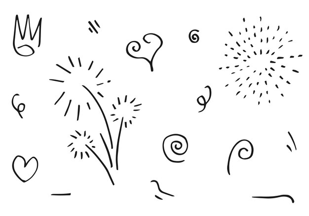 Dibujado a mano Flecha corazón amor estrella hoja énfasis remolino y otros elementos en estilos dibujados a mano para diseños conceptuales Doodle para diseño conceptual