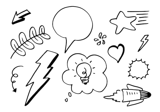 Dibujado a mano Flecha corazón amor estrella hoja habla burbuja trueno boletín para el diseño conceptual