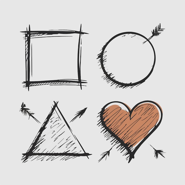 dibujado a mano flechas de boceto en forma de bombilla corazón cámara de altavoz ilustración