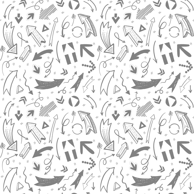 Dibujado a mano flechas en patrón de diferentes estilos. Fondo para notas, presentaciones, punteros.