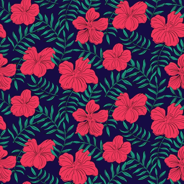 Dibujado a mano flores de hibisco de patrones sin fisuras